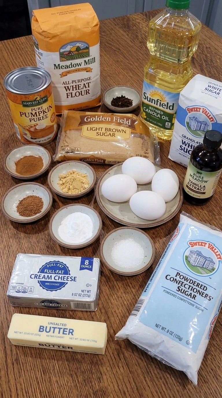 Pumpkin Spice Cake ingredients including pumpkin puree, flour, eggs, spices and cream cheese. Recipe focus: thanksgiving pumpkin spice cake.