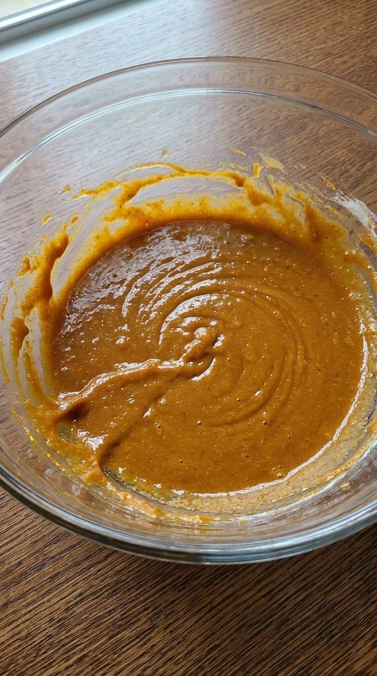 Pumpkin Spice Cake wet ingredients whisked into a glossy orange mixture in a glass bowl. Recipe focus: easy pumpkin spice cake.