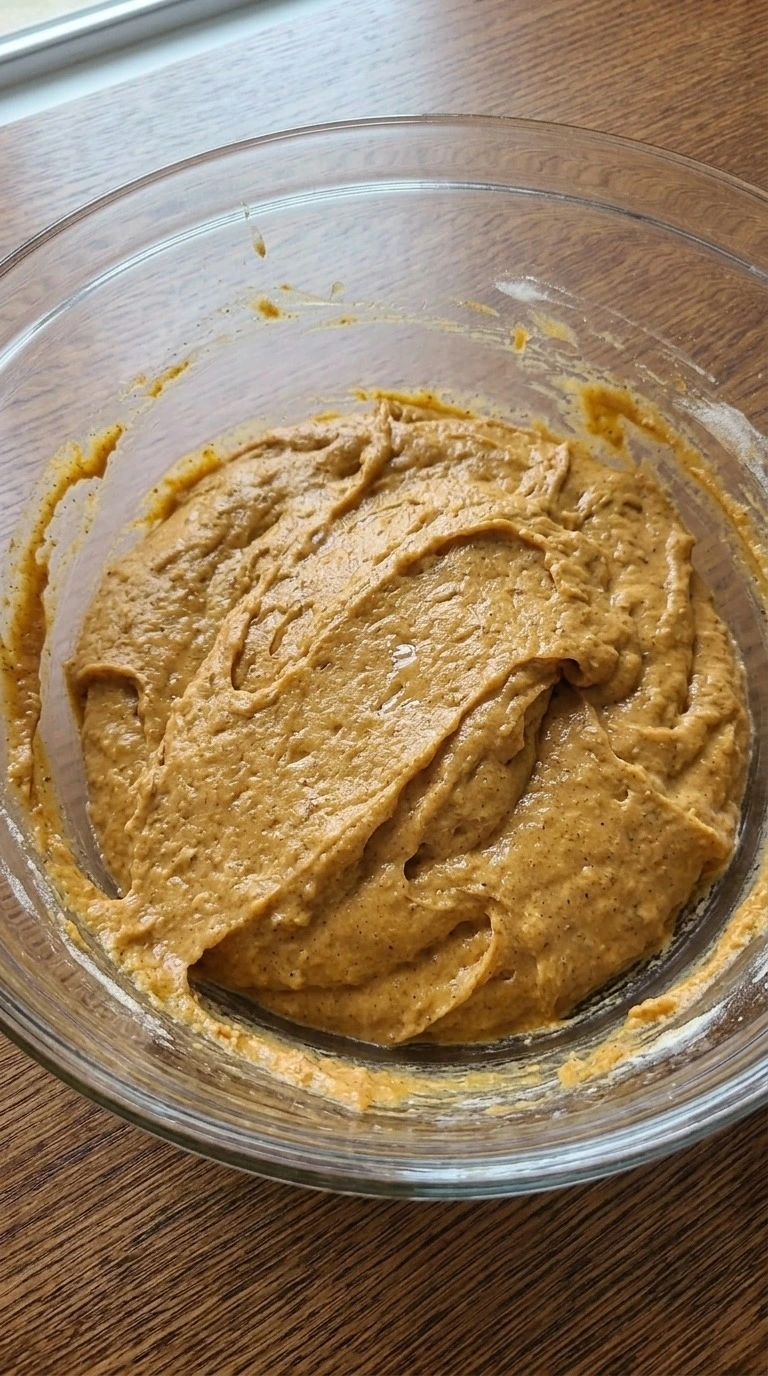 Pumpkin Spice Cake batter after flour and warm spices have been gently folded together. Recipe focus: pumpkin spice cake recipe.