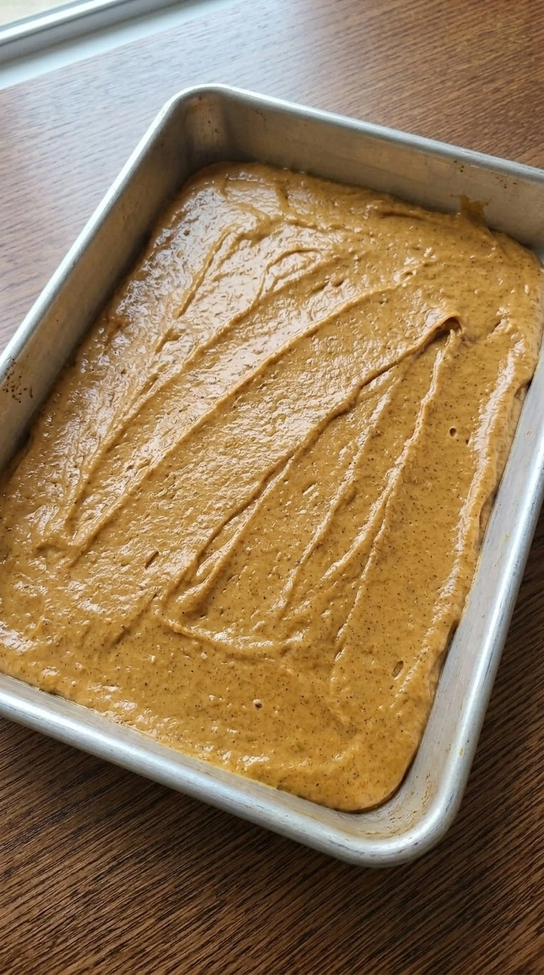 Pumpkin Spice Cake batter spread into a rectangular metal baking pan before baking. Recipe focus: thanksgiving pumpkin spice cake.