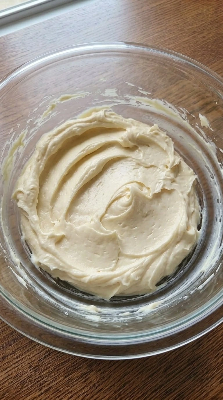 Pumpkin Spice Cake cream cheese frosting beaten into thick pale swirls in a glass bowl. Recipe focus: easy pumpkin spice cake.