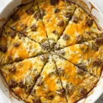 Sausage Breakfast Casserole with golden edges and melted cheese in serving dish Recipe focus: breakfast casserole with hashbrowns.