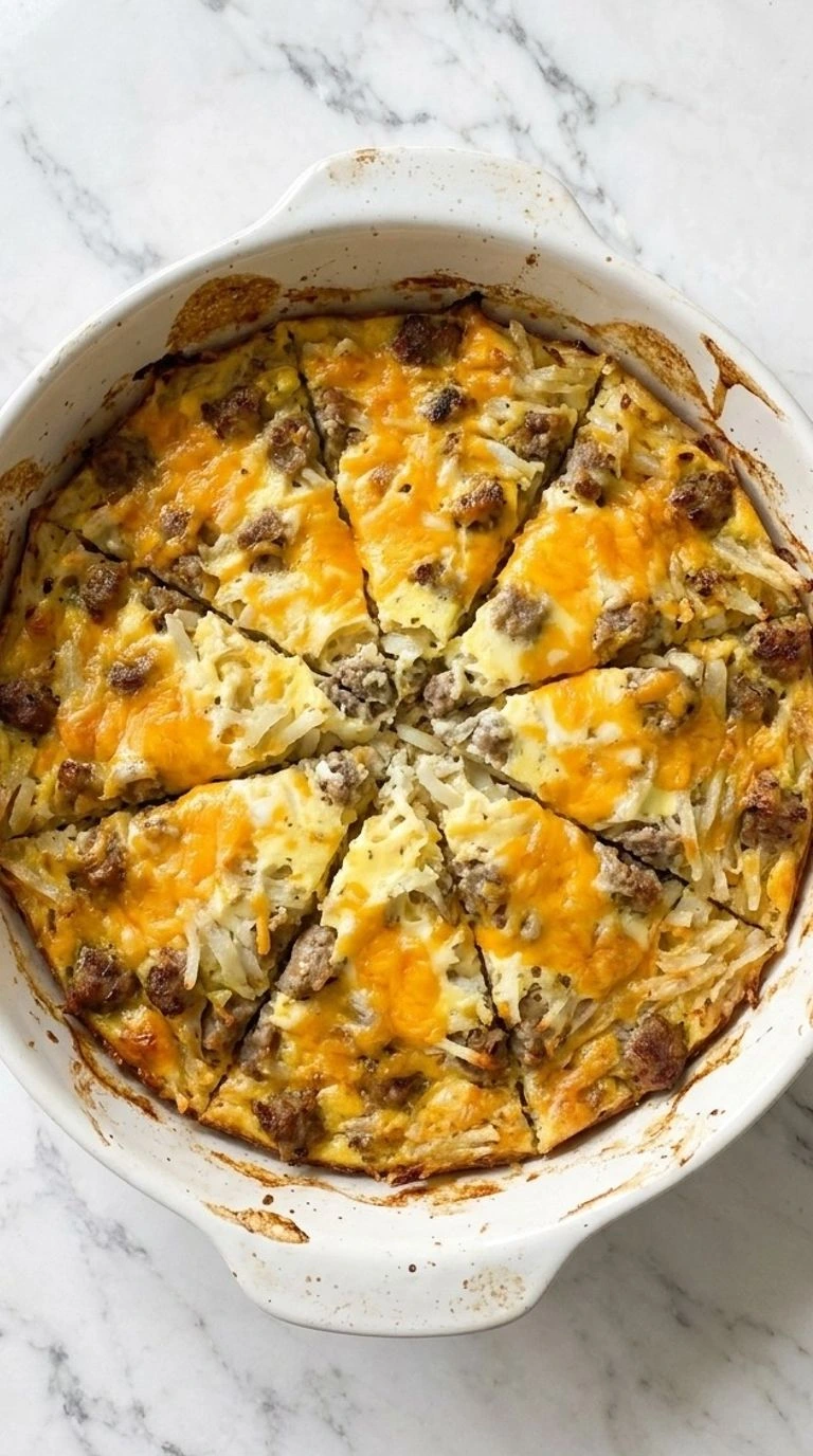Sausage Breakfast Casserole with golden edges and melted cheese in serving dish Recipe focus: breakfast casserole with hashbrowns.