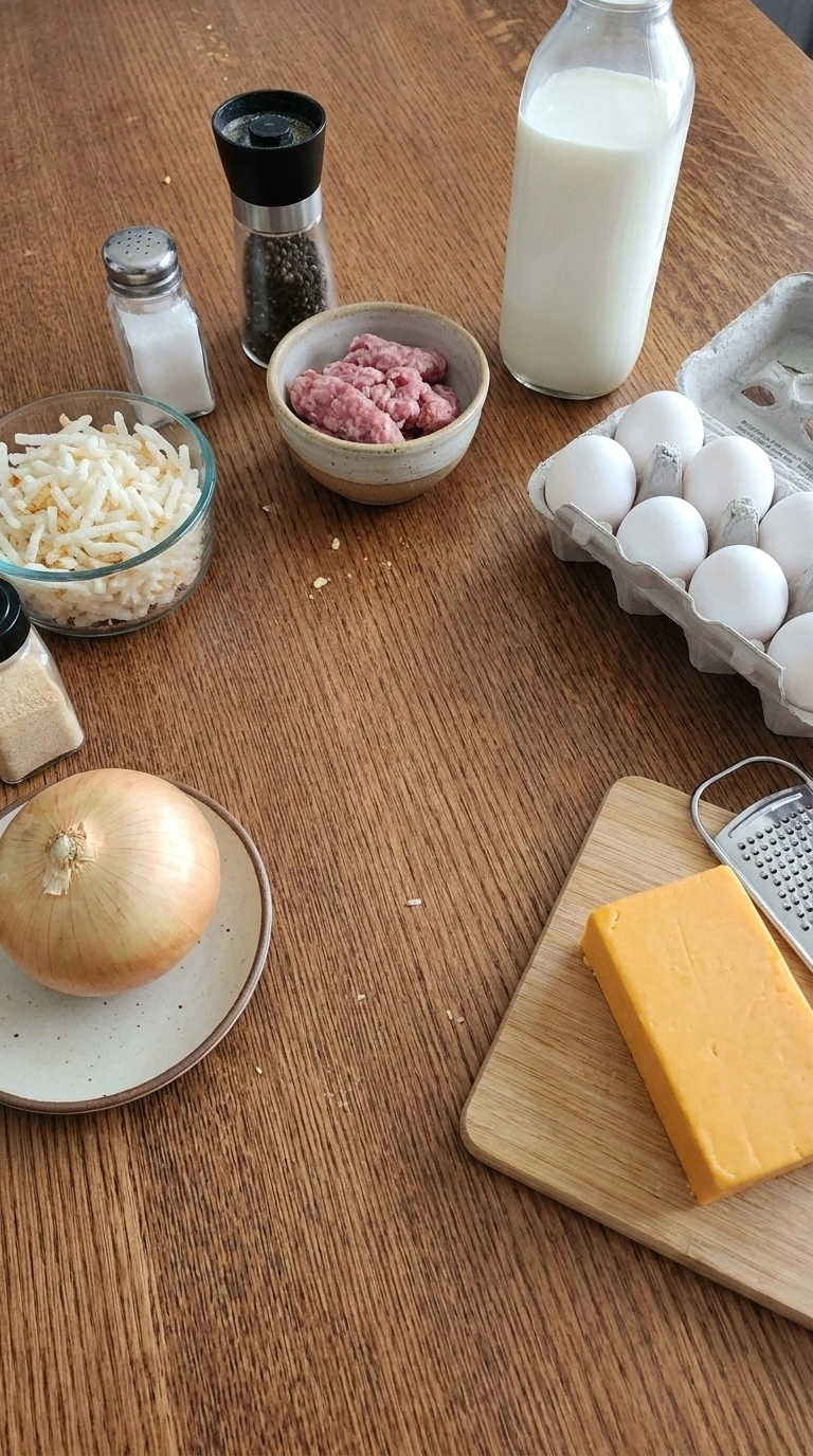 Sausage Breakfast Casserole ingredients with sausage eggs hashbrowns and cheese Recipe focus: tater tot breakfast casserole.
