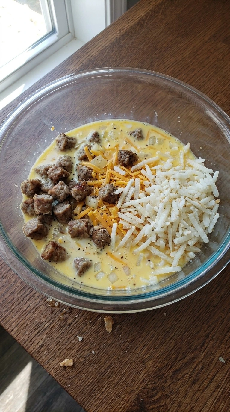 Sausage Breakfast Casserole filling with browned sausage and hashbrowns mixed Recipe focus: overnight breakfast casserole.