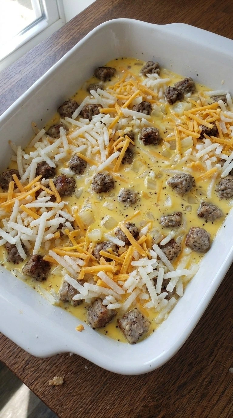 Sausage Breakfast Casserole layered in baking dish before oven baking Recipe focus: breakfast casserole with hashbrowns.