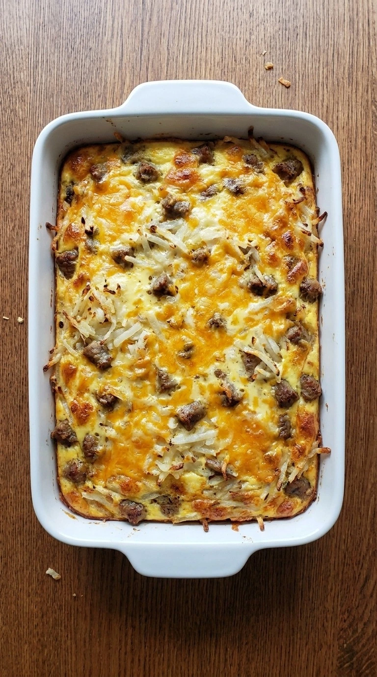Sausage Breakfast Casserole baking with golden cheese and set layers Recipe focus: breakfast casserole with hashbrowns.