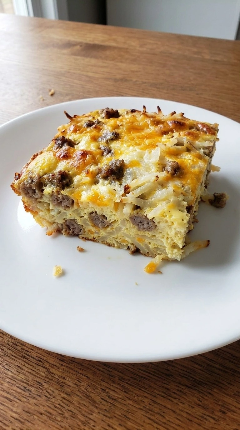 Sausage Breakfast Casserole slice showing egg potato and sausage layers Recipe focus: easy breakfast casserole.