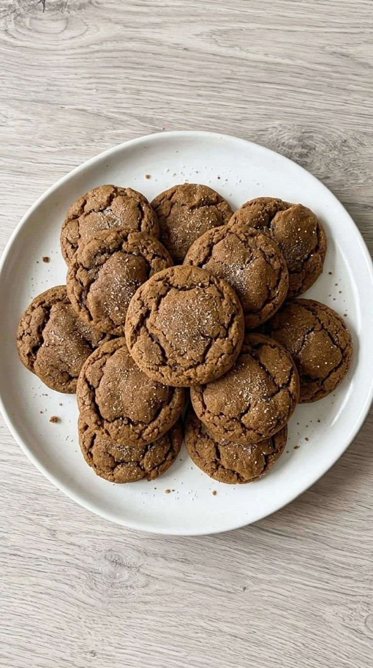 Soft Gingerbread Cookies with cracked tops on a white plate Recipe focus: soft and chewy gingerbread cookies.