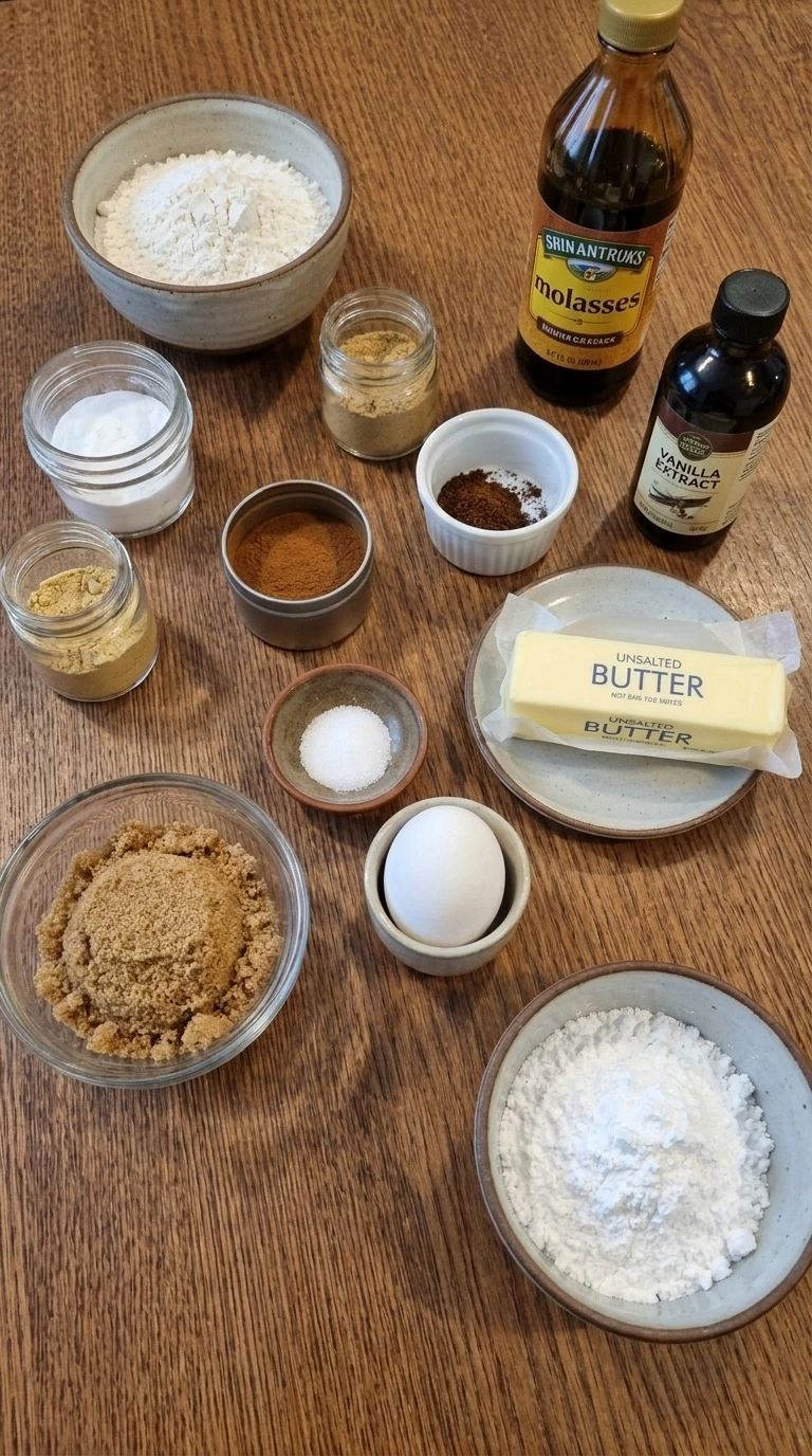 Soft Gingerbread Cookies ingredients including flour spices and molasses Recipe focus: gingerbread soft cookies.