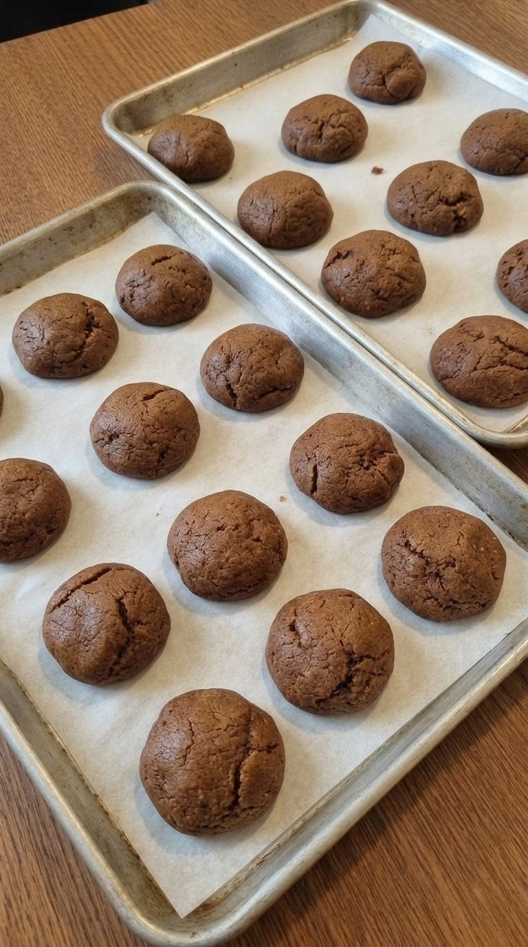 Soft Gingerbread Cookies baking with cracked tops on tray Recipe focus: gingerbread cookies soft.