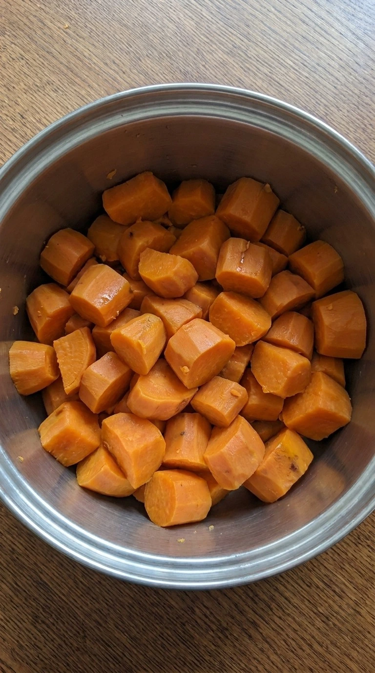 Boiled Garnet sweet potato cubes for Sweet Potato Casserole with Pecans, tender and deep Recipe focus: sweet potato casserole with pecans and marshmallow.