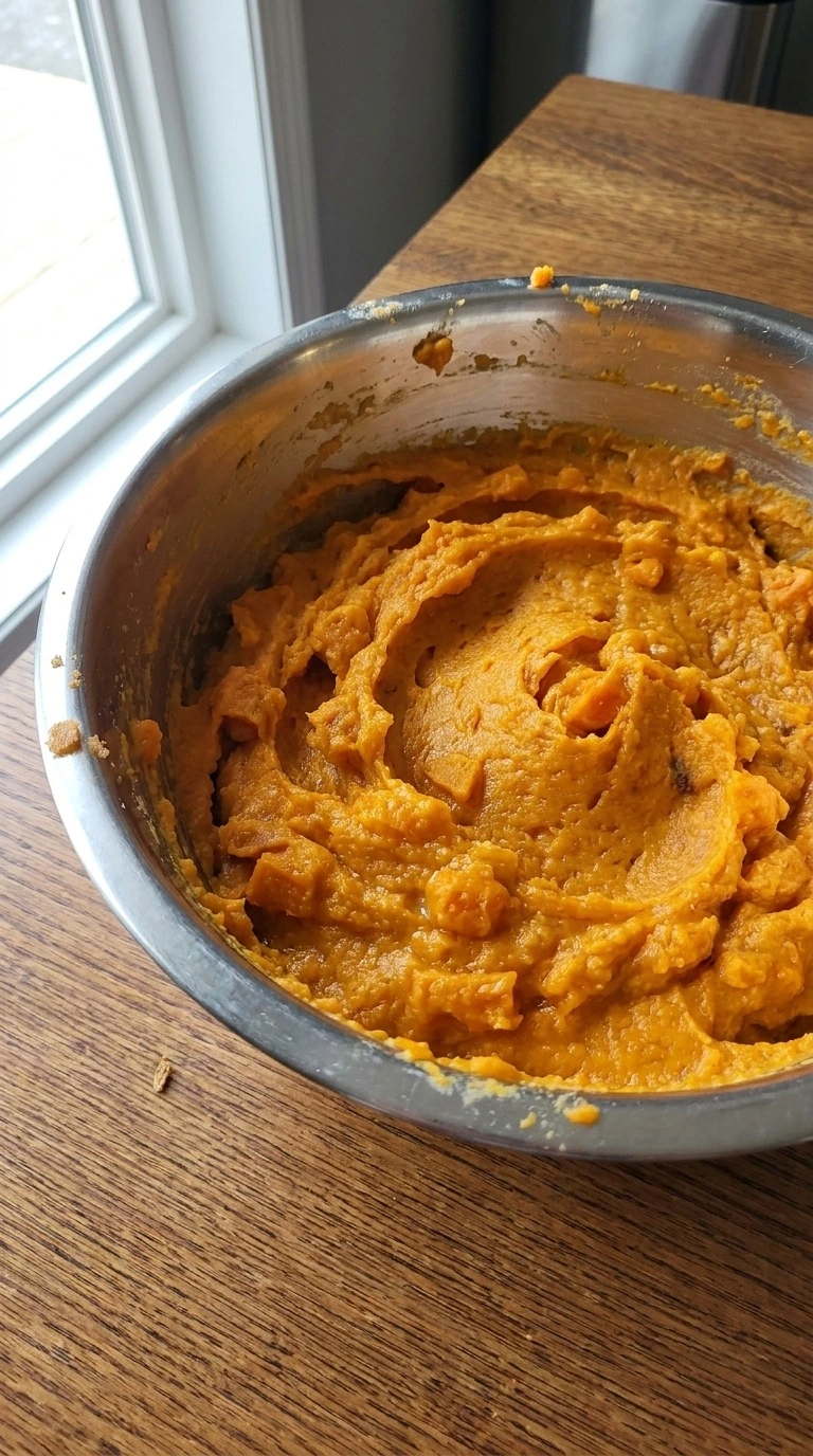 Creamy filling for Sweet Potato Casserole with Pecans with cinnamon, butter, milk and eggs mixed in Recipe focus: ruth chris sweet potato casserole.