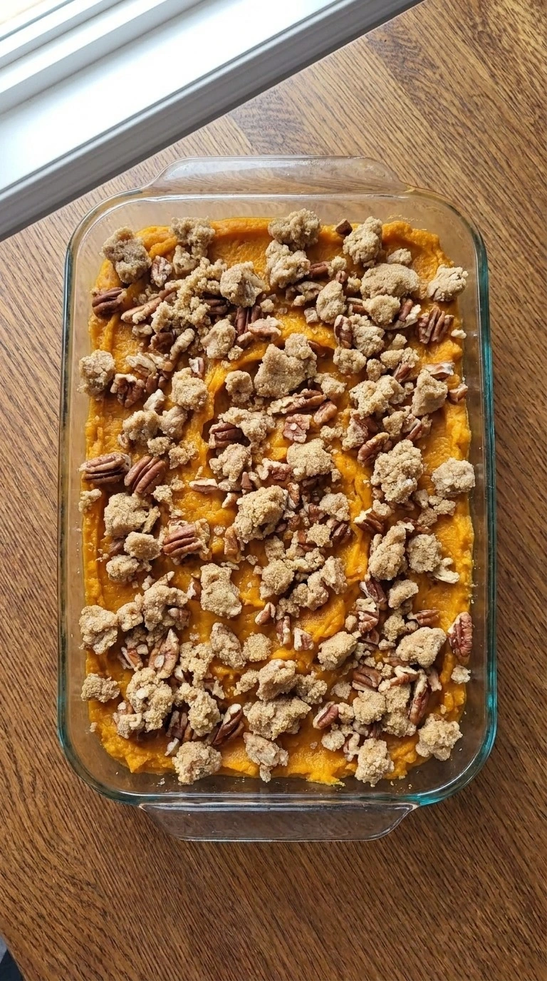 Sweet Potato Casserole with Pecans before baking with an uneven buttery pecan crumble on top Recipe focus: ruth chris sweet potato casserole.