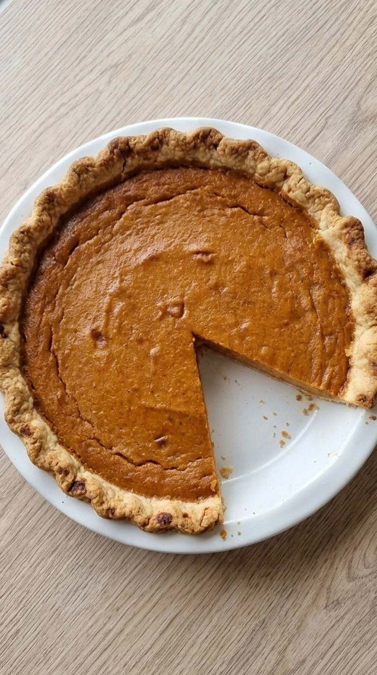 Sweet Potato Pie with golden flaky crust and one slice removed to show the smooth orange filling Recipe focus: easy sweet potato pie.