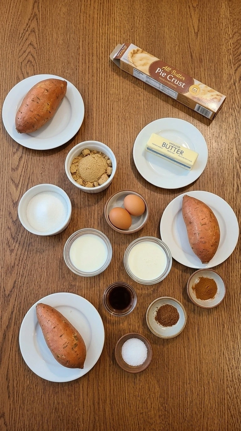 Sweet Potato Pie ingredients including whole sweet potatoes, eggs, butter, milk, cream and warm spices Recipe focus: thanksgiving sweet potato pie.
