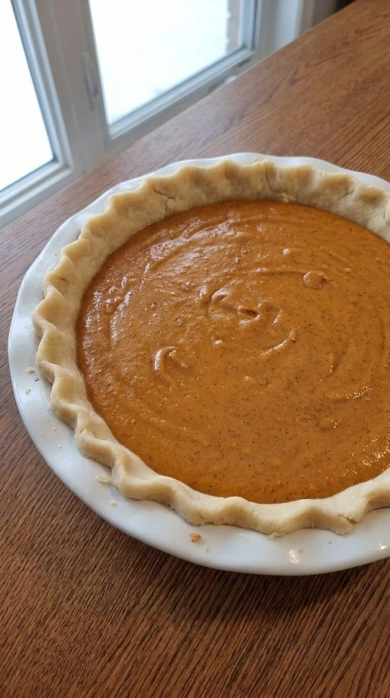 Unbaked Sweet Potato Pie with orange custard filling inside a hand-crimped butter crust Recipe focus: thanksgiving sweet potato pie.