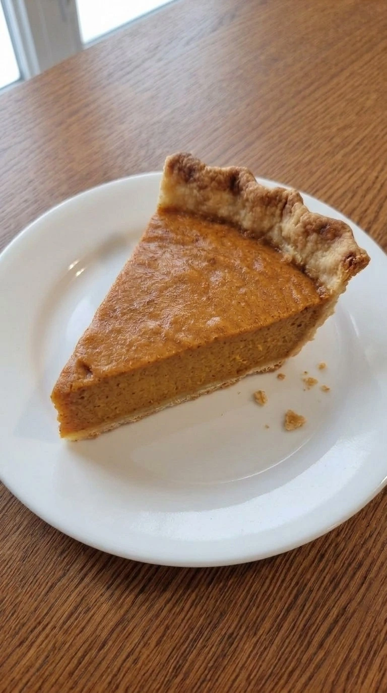 Single slice of Sweet Potato Pie showing creamy orange custard and flaky golden crust on a white plate Recipe focus: easy sweet potato pie.