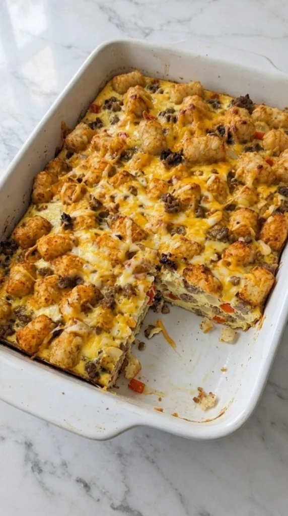 Tater Tot Breakfast Casserole with golden potato tots, melted cheddar and a slice revealing sausage and eggs. Recipe focus: breakfast casserole with hashbrowns.