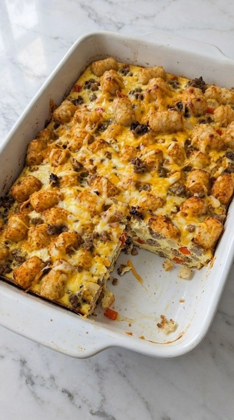Tater Tot Breakfast Casserole with golden potato tots, melted cheddar and a slice revealing sausage and eggs. Recipe focus: breakfast casserole with hashbrowns.
