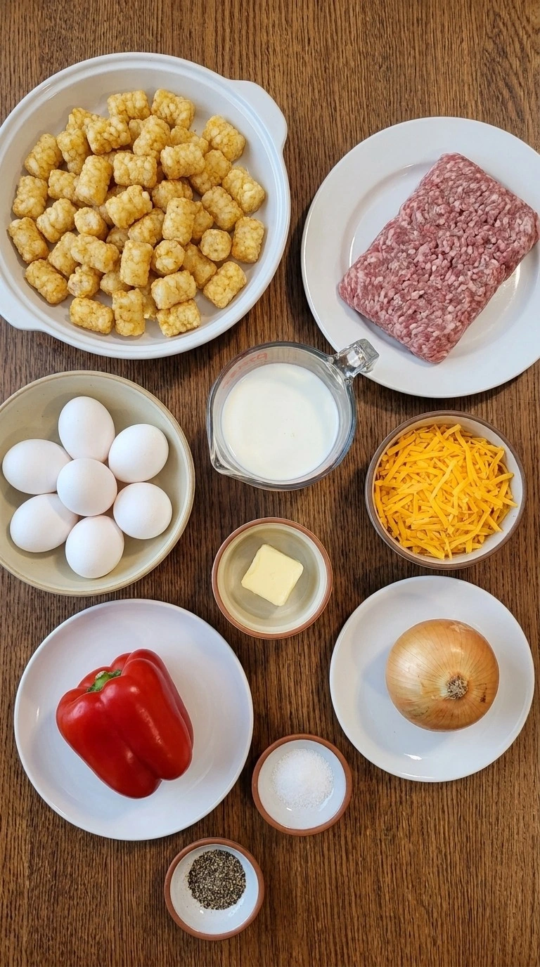 Tater Tot Breakfast Casserole ingredients including frozen potato tots, eggs, sausage, cheddar, milk and Recipe focus: hashbrown breakfast casserole.