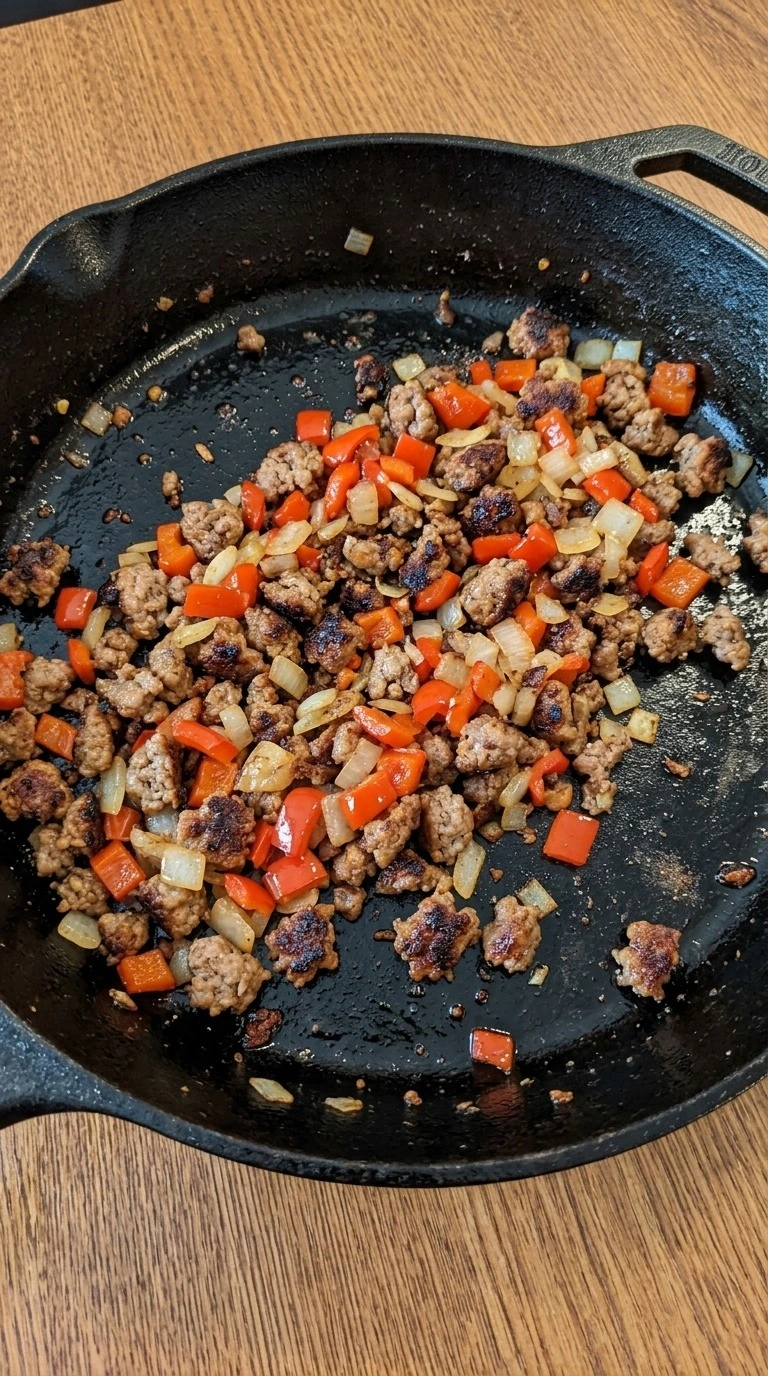 Tater Tot Breakfast Casserole preparation with browned pork sausage, red bell pepper and onion in a Recipe focus: biscuits and gravy breakfast casserole.