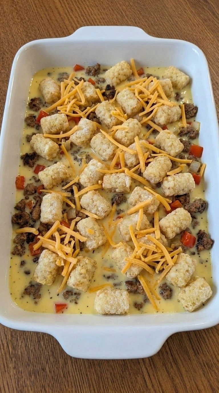 Tater Tot Breakfast Casserole assembled with frozen potato tots, uncooked egg filling, sausage and cheddar. Recipe focus: breakfast casserole with hashbrowns.