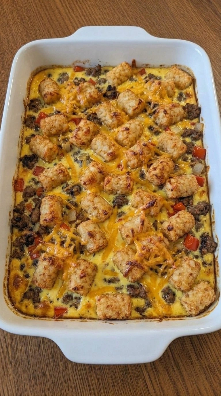 Tater Tot Breakfast Casserole baked until the potato topping turns golden and the cheddar melts into crisp patches. Recipe focus: easy breakfast casserole.