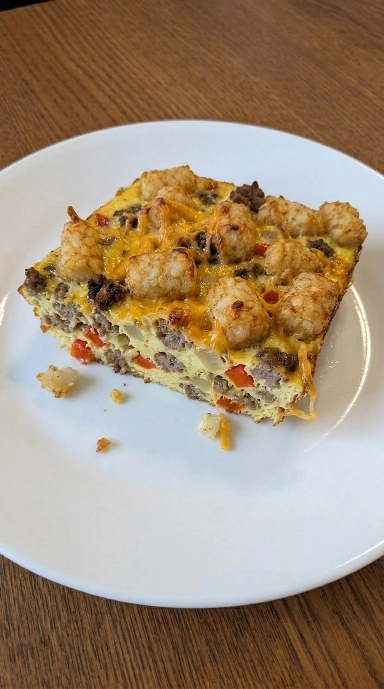 Tater Tot Breakfast Casserole slice on a white plate showing golden tots, melted cheddar, eggs and sausage. Recipe focus: hashbrown breakfast casserole.