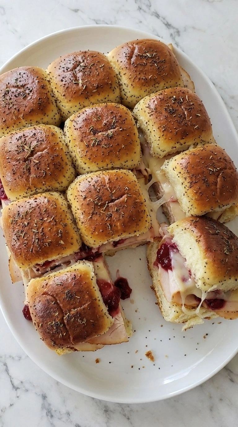 Turkey Cranberry Sliders with golden Hawaiian rolls, roasted turkey, cranberry sauce and melted Swiss cheese Recipe focus: easy turkey cranberry sliders.