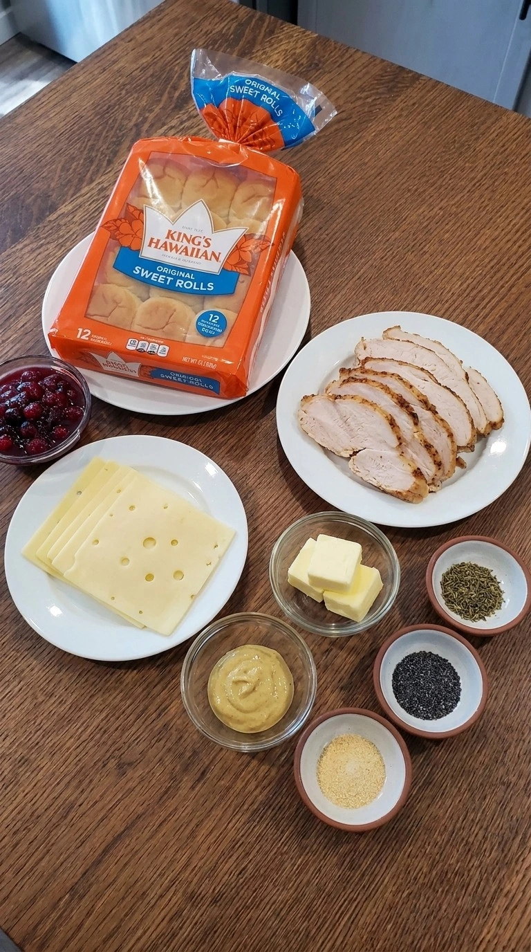 Turkey Cranberry Sliders ingredients including Hawaiian sweet rolls, roasted turkey, cranberry sauce and Recipe focus: thanksgiving turkey cranberry sliders.