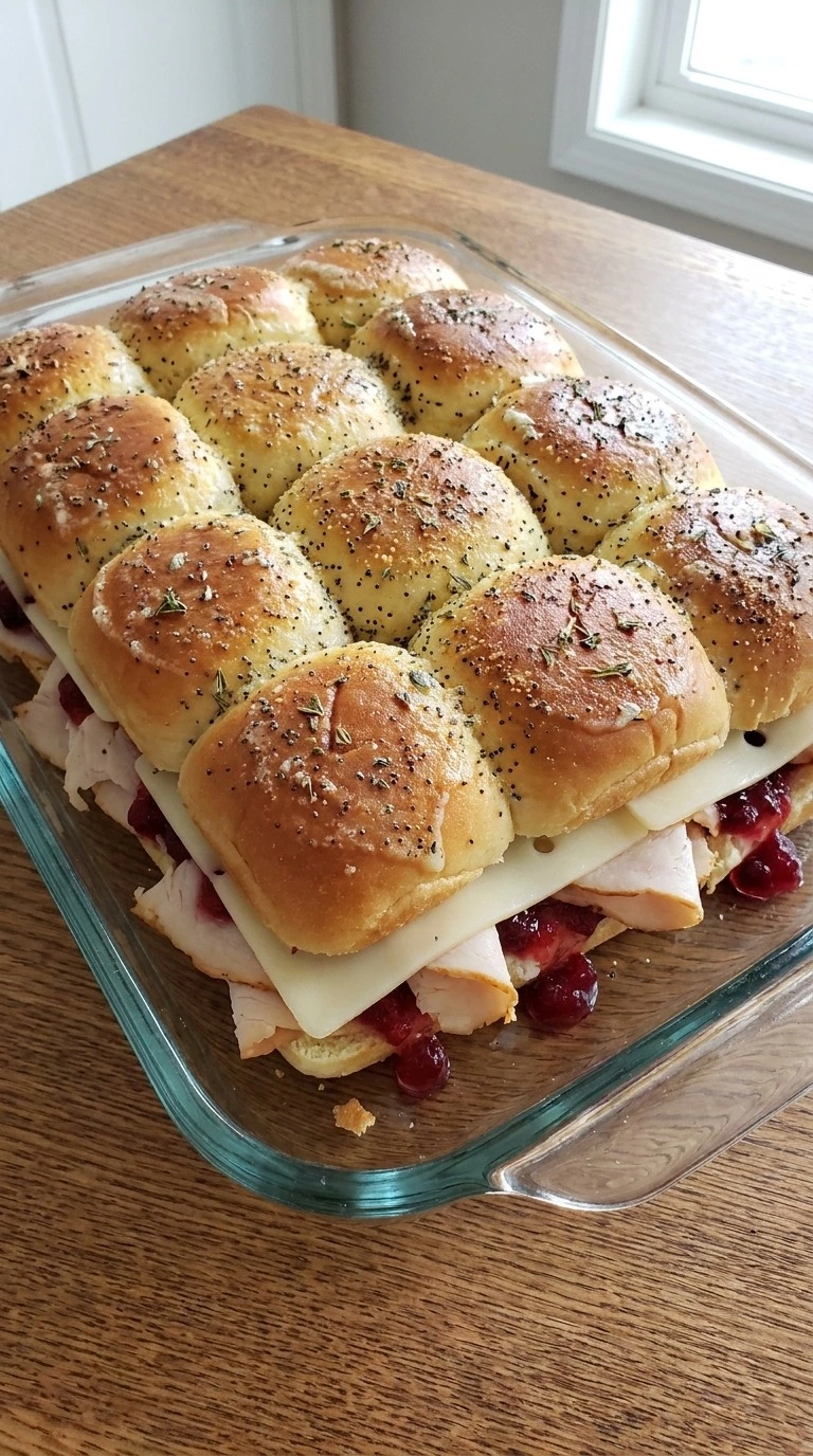 Turkey Cranberry Sliders topped with Swiss cheese and butter brushed Hawaiian rolls sprinkled with herbs Recipe focus: thanksgiving turkey cranberry sliders.
