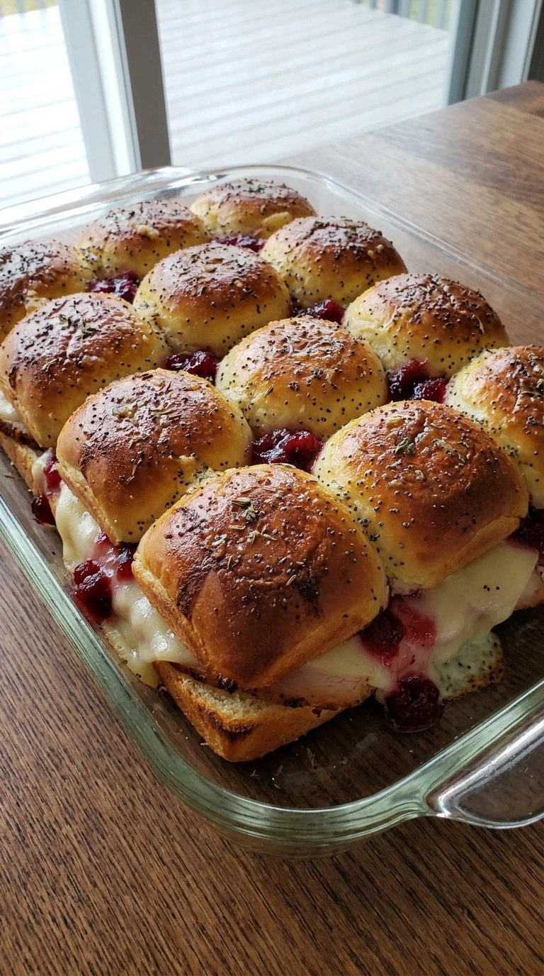 Turkey Cranberry Sliders baked golden with melted Swiss cheese and cranberry sauce between the rolls Recipe focus: easy turkey cranberry sliders.