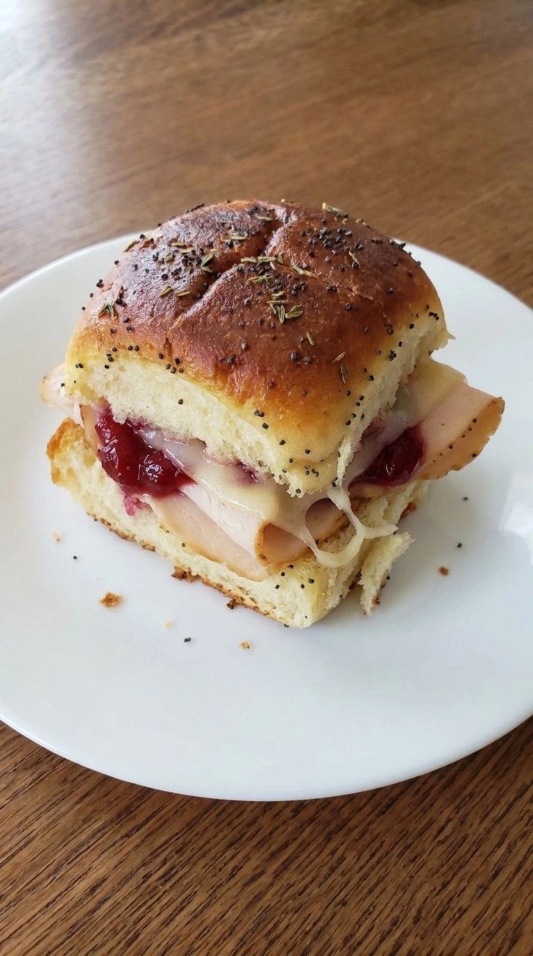 Turkey Cranberry Sliders served individually with golden bread, melted Swiss cheese and visible cranberry filling Recipe focus: easy turkey cranberry sliders.