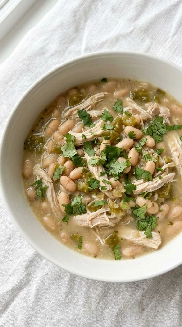 White Bean Chicken Chili served in a bowl with creamy beans and tender chicken Recipe focus: white chicken chili.