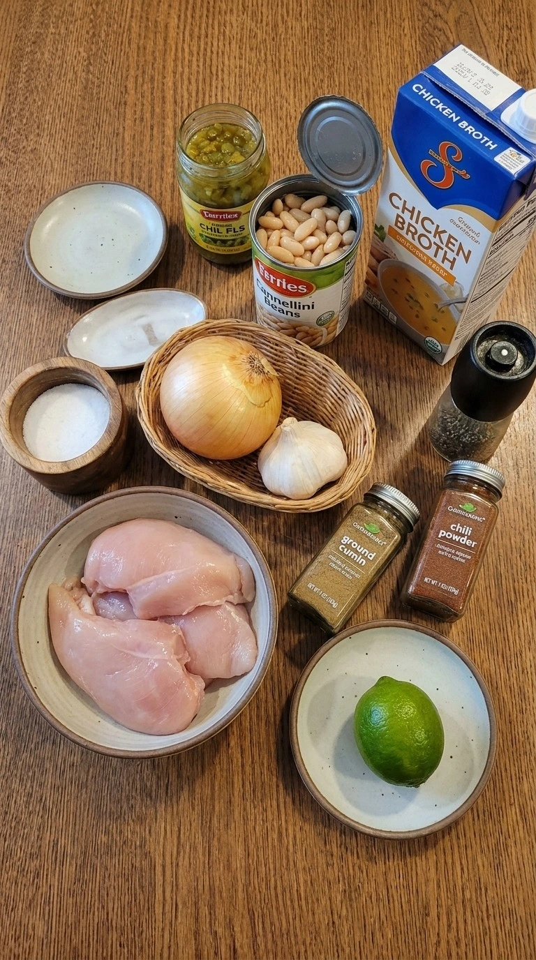 White Bean Chicken Chili ingredients arranged before cooking with chicken beans and spices Recipe focus: white chicken chili easy.