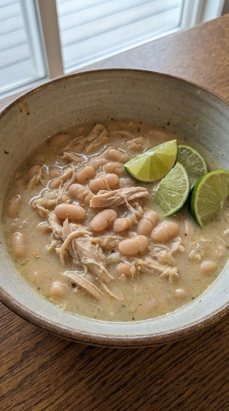 White Bean Chicken Chili served portion with creamy broth chicken beans and garnish Recipe focus: easy white chicken chili.